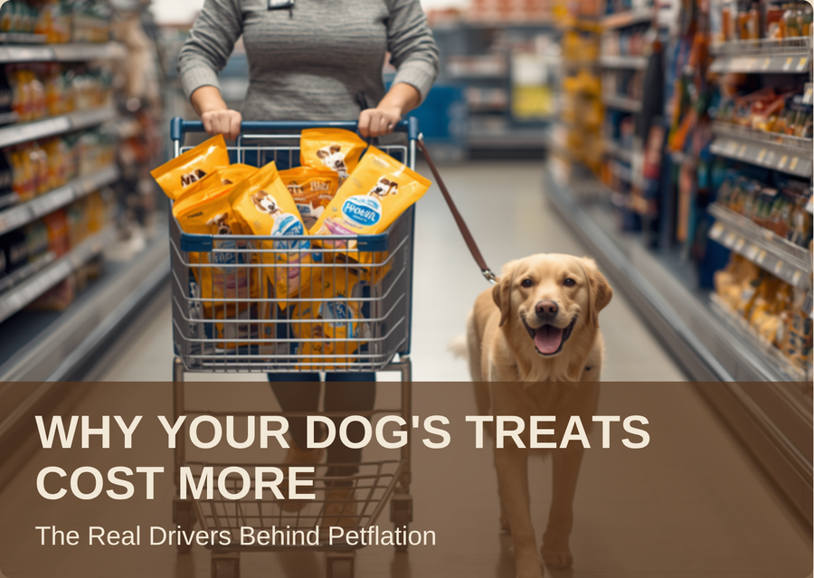 Why Your Dog's Treats Cost More: a woman pushes a shopping cart full of dog treats through a pet aisle while her golden retriever walks beside her