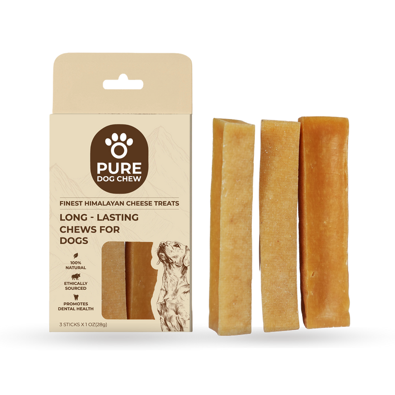 Original Himalayan yak cheese dog chews package, three 1 oz sticks
