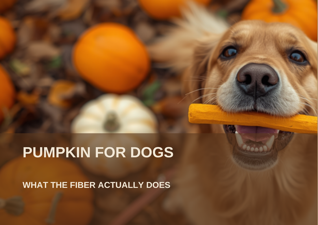 Golden retriever holding a chew in a pumpkin patch