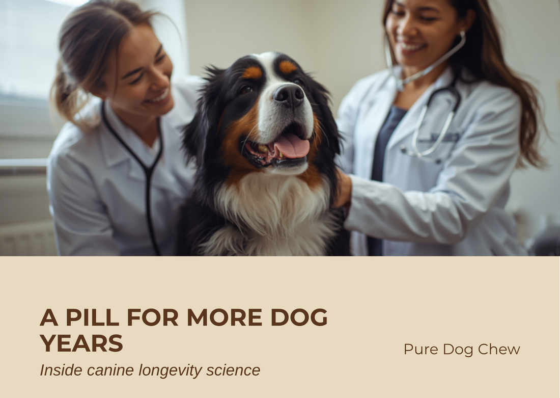 A Pill For More Dog Years: veterinarian examining a senior Bernese Mountain Dog, illustrating canine longevity drug research