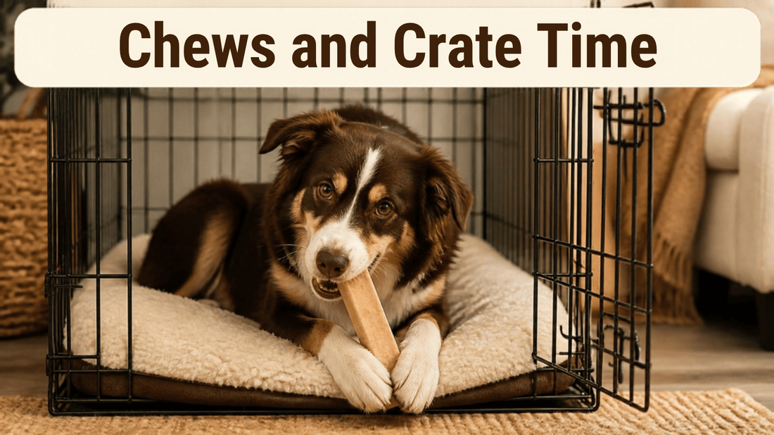 A dog resting in an open crate chewing a hard cheese chew stick, with the heading Chews and Crate Time