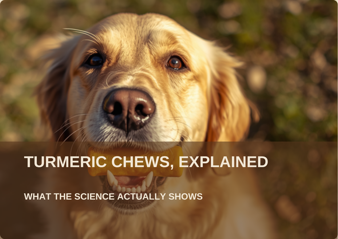 Golden retriever holding a turmeric yak cheese chew