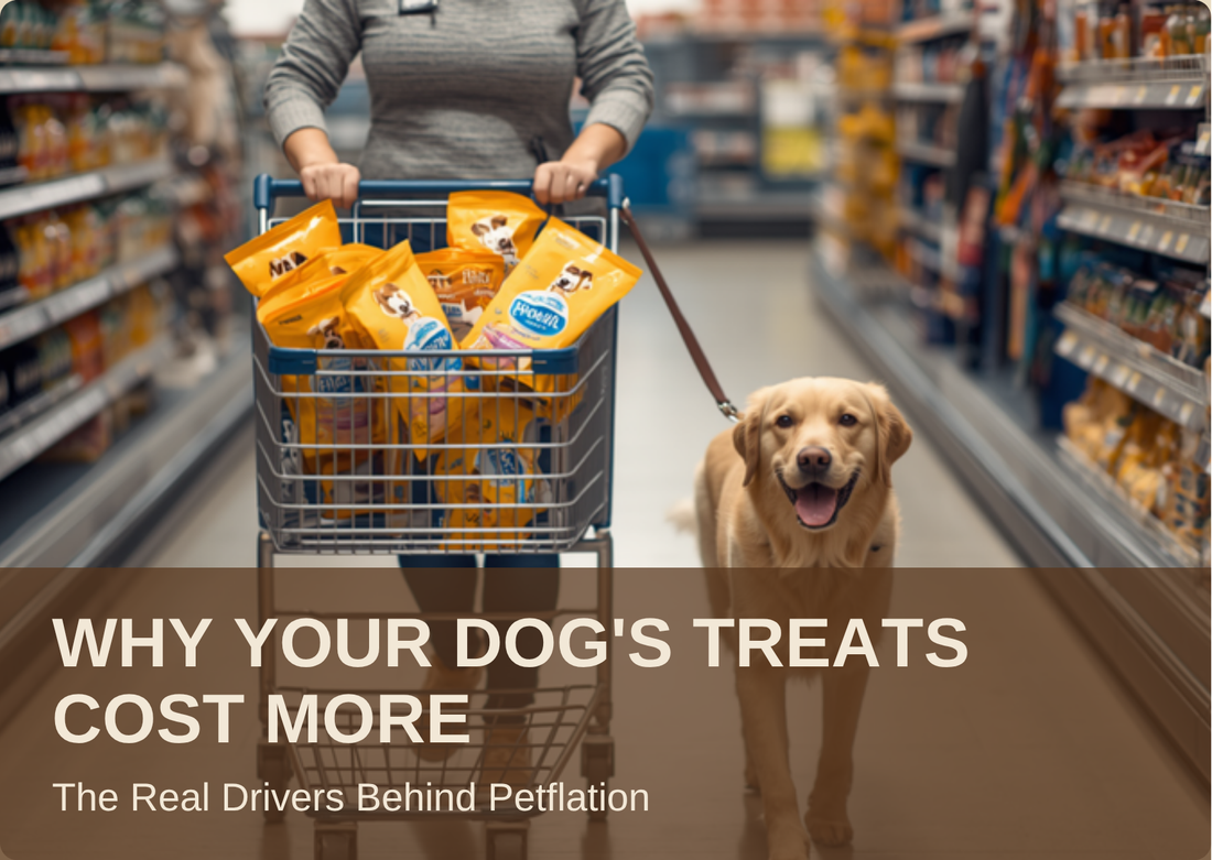 Why Your Dog's Treats Cost More: a woman pushes a shopping cart full of dog treats through a pet aisle while her golden retriever walks beside her
