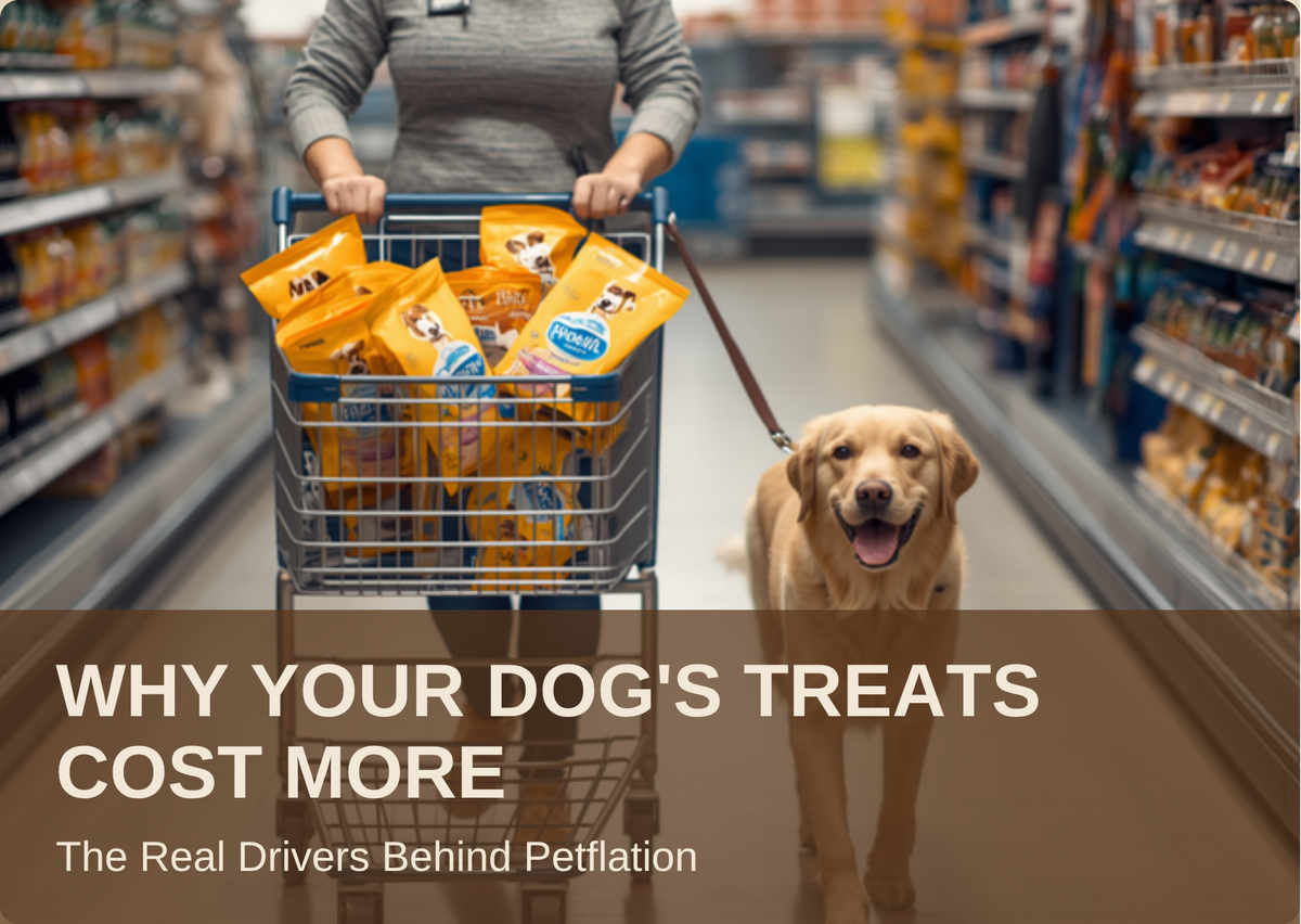 Why Your Dog's Treats Cost More: a woman pushes a shopping cart full of dog treats through a pet aisle while her golden retriever walks beside her
