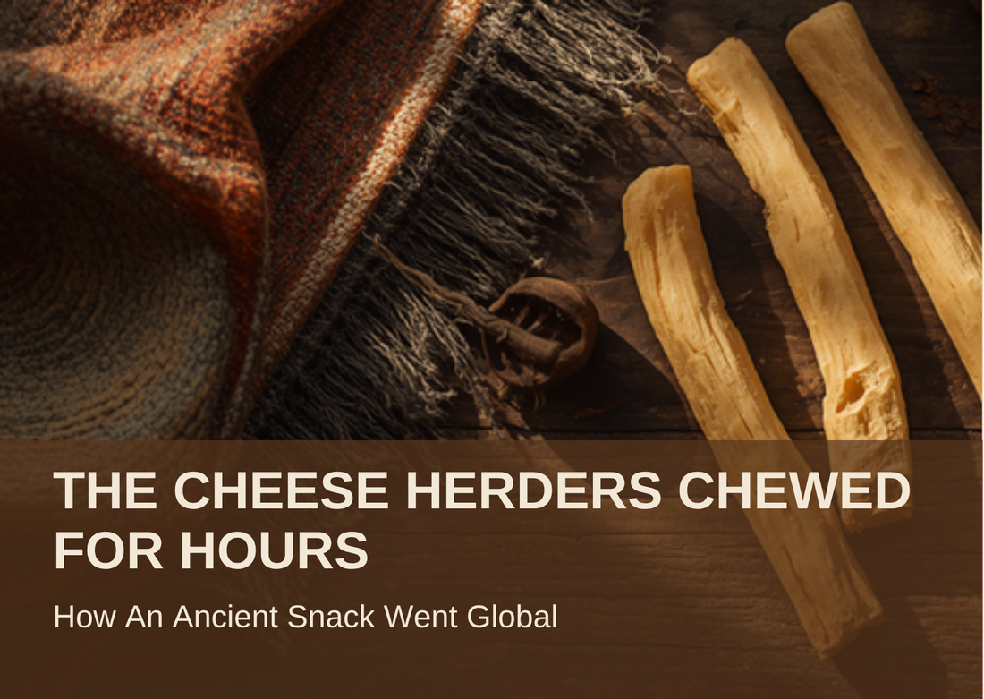 THE CHEESE HERDERS CHEWED FOR HOURS - dried yak cheese chew sticks on a rustic wooden table beside a Himalayan wool textile