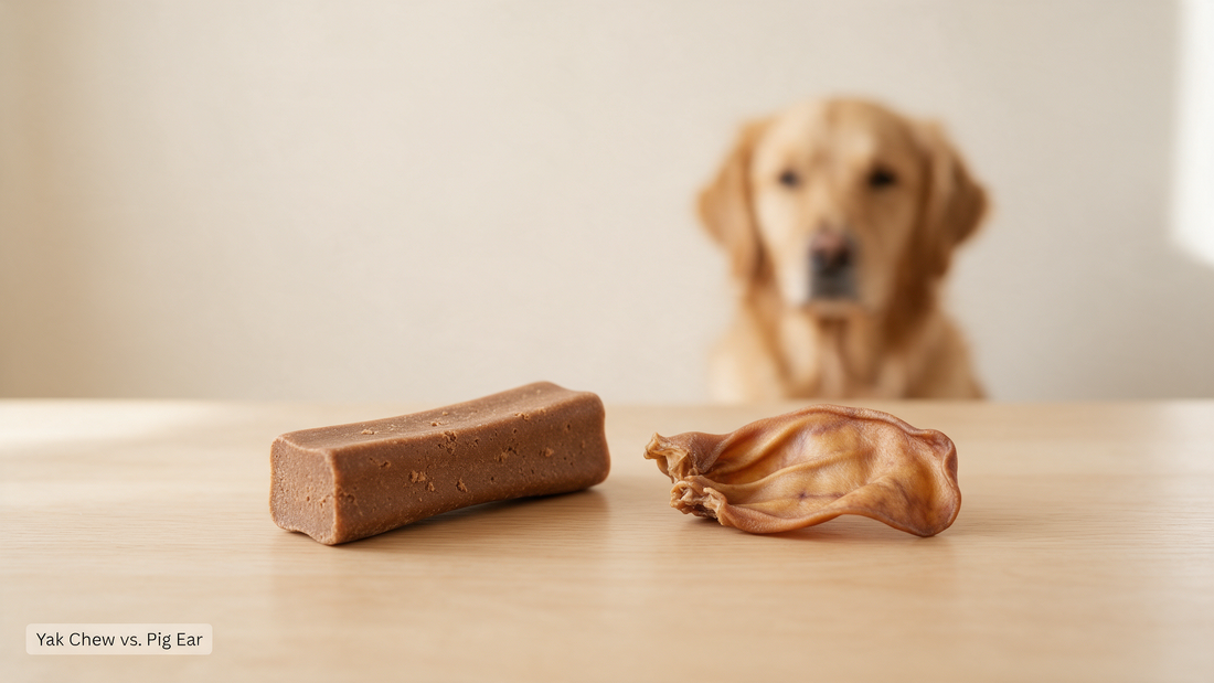 A Himalayan yak cheese dog chew stick and a dried pig ear dog chew resting side by side on a wood table with a golden retriever softly blurred in the background
