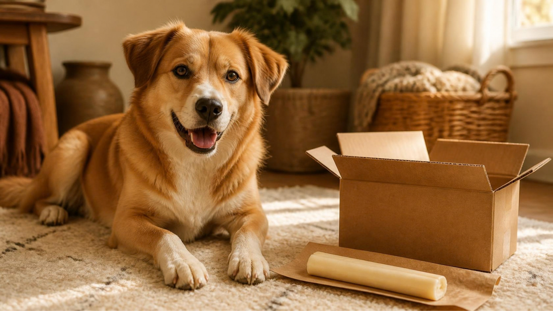 A dog resting beside an open shipping box and a chew stick, illustrating a guide to Pure Dog Chew's return policy
