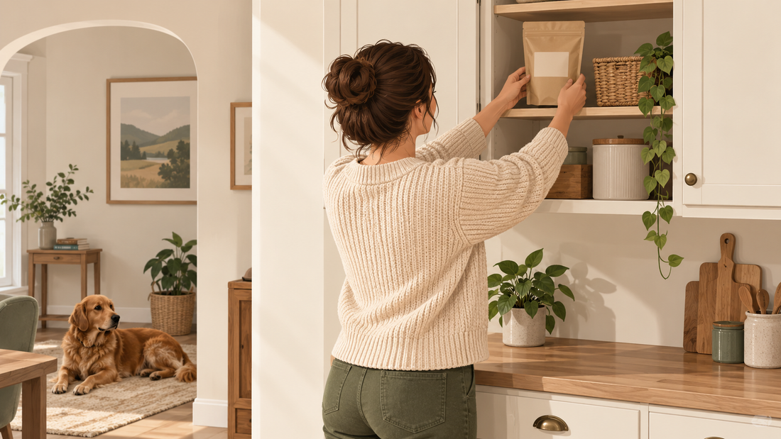 Illustration of an adult placing a closed treat pouch in an upper cupboard while a dog rests away from the treats