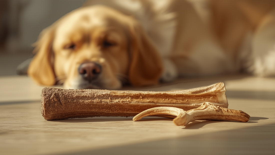 A Himalayan yak cheese dog chew stick and a deer antler dog chew resting side by side on a wood table with a golden retriever softly blurred in the background