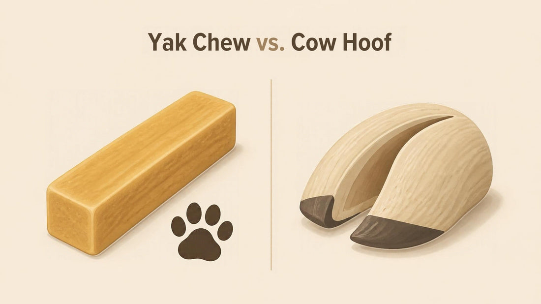 Flat icon illustration comparing a hard Himalayan yak cheese dog chew stick with a paw print icon to a cow hoof dog chew, split composition in cream, tan and dark brown