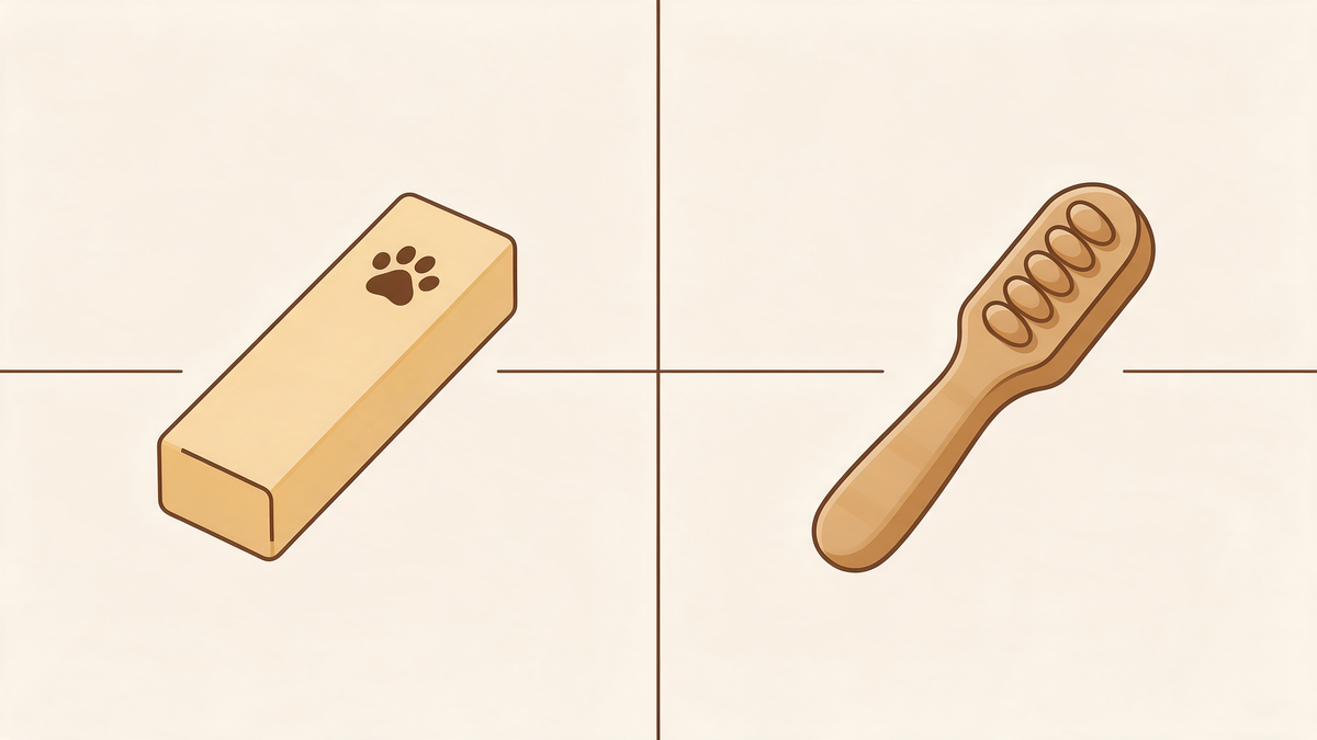 Flat icon illustration comparing a hard Himalayan yak cheese dog chew stick with a paw print icon to a ridged dental chew treat stick, split composition in cream, tan and dark brown