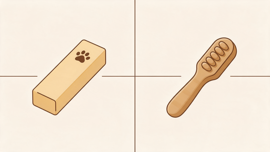 Flat icon illustration comparing a hard Himalayan yak cheese dog chew stick with a paw print icon to a ridged dental chew treat stick, split composition in cream, tan and dark brown