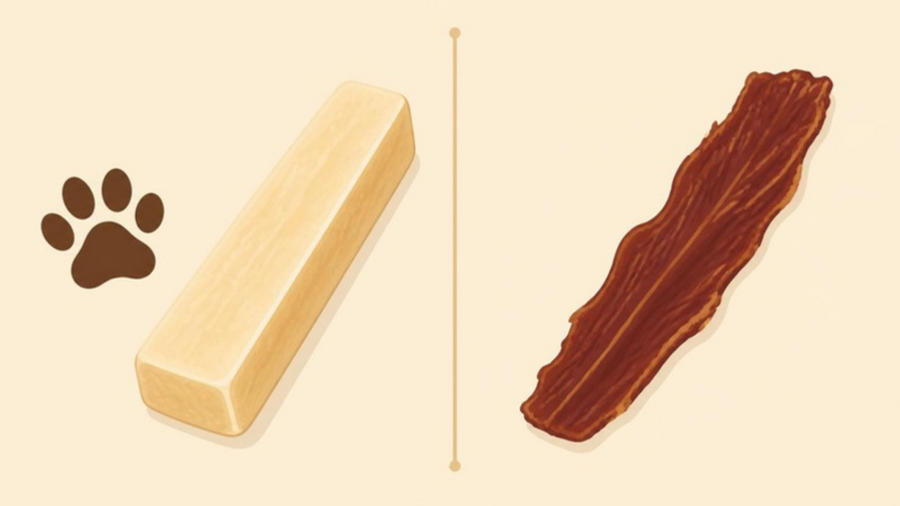 Flat icon illustration comparing a hard Himalayan yak cheese dog chew stick with a paw print icon to a strip of chicken or duck jerky dog treat, split composition in cream, tan and dark brown