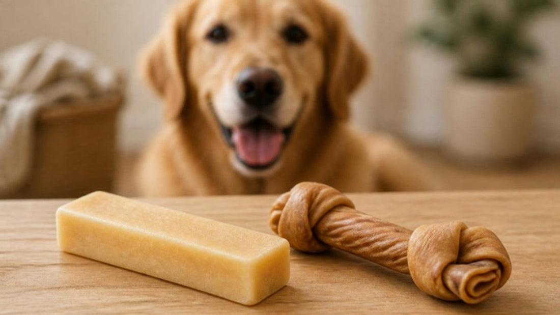 A Himalayan yak cheese dog chew stick and a knotted rawhide chew resting side by side on a light wood surface with a dog softly blurred in the background