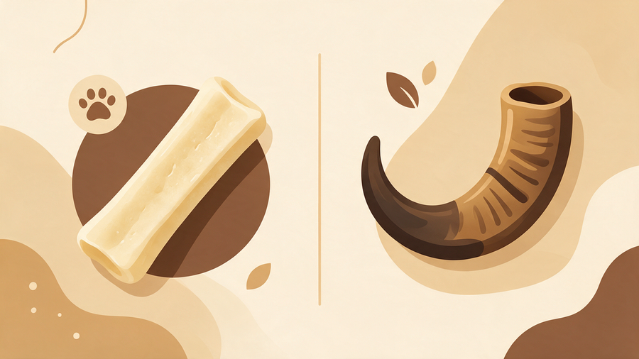 Flat icon illustration comparing a hard Himalayan yak cheese dog chew stick with a paw print icon to a curved water buffalo horn dog chew, split composition in cream, tan and dark brown