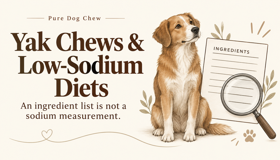 Illustrated dog beside an ingredient label and magnifying glass; an ingredient list is not a sodium measurement.